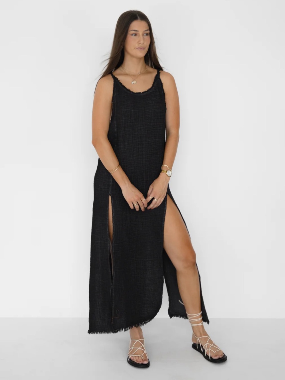 ikikiz Slit Charcoal Gauzy Maxi Dress / Shirt